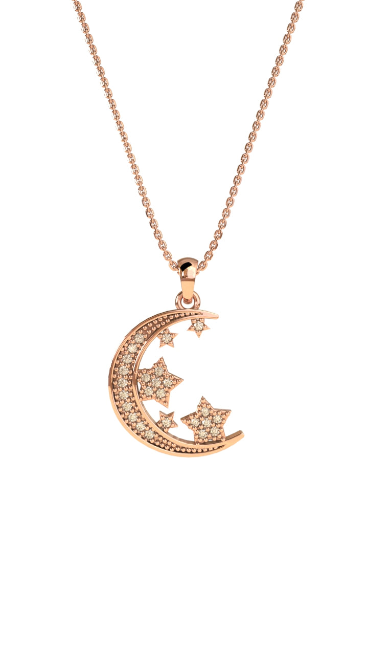 925 Ayar Zirkon Taşlı Rose Ay Yıldız Gökyüzü Gümüş Kolye