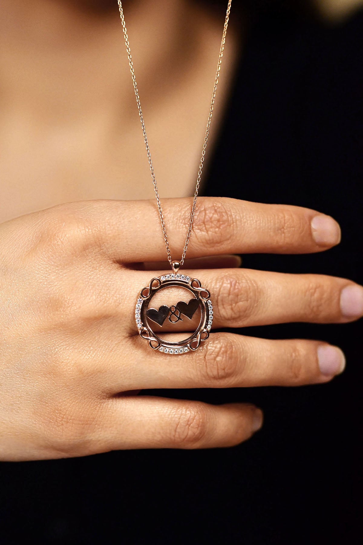 925 Ayar Zirkon Taşlı Rose Çift Kalp İsimli Gümüş Kolye