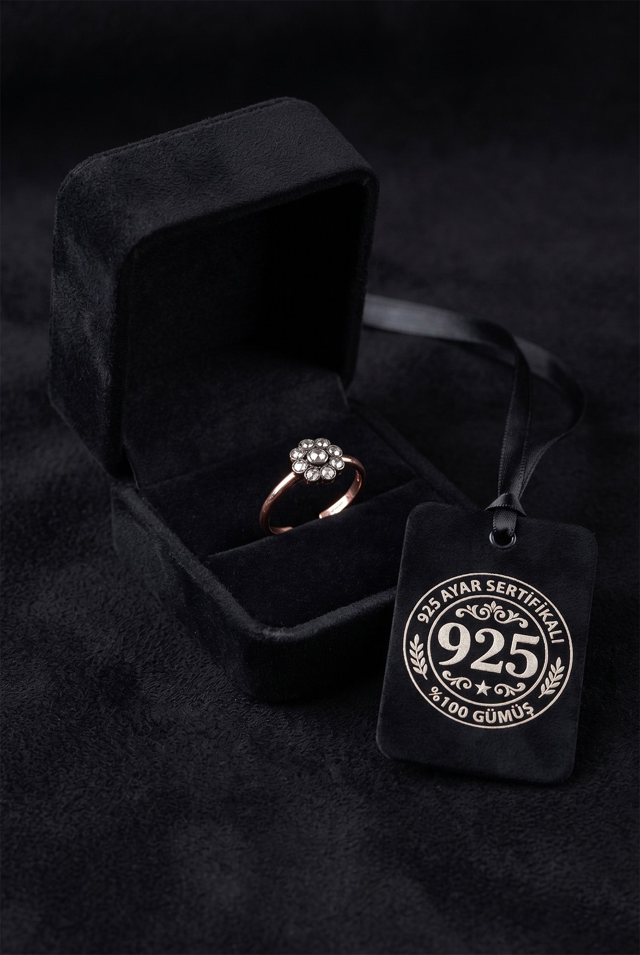925 Ayar Zirkon Taşlı Rose Elmas Montür Ayarlanabilir Gümüş Yüzük