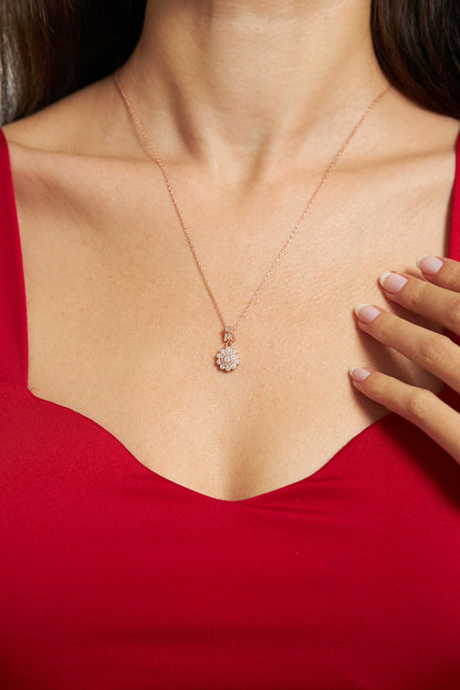 925 Ayar Zirkon Taşlı Rose Elmas Montür Çiçek Gümüş Kolye