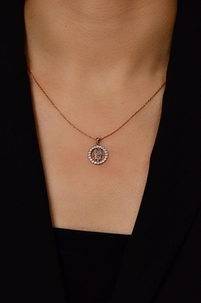 925 Ayar Zirkon Taşlı Rose Fatıma'nın Eli Gümüş Bereket Kolyesi