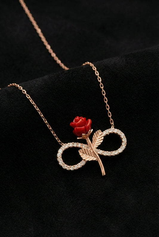 925 Ayar Zirkon Taşlı Rose Gül Motifli Sonsuzluk Gümüş Kolye