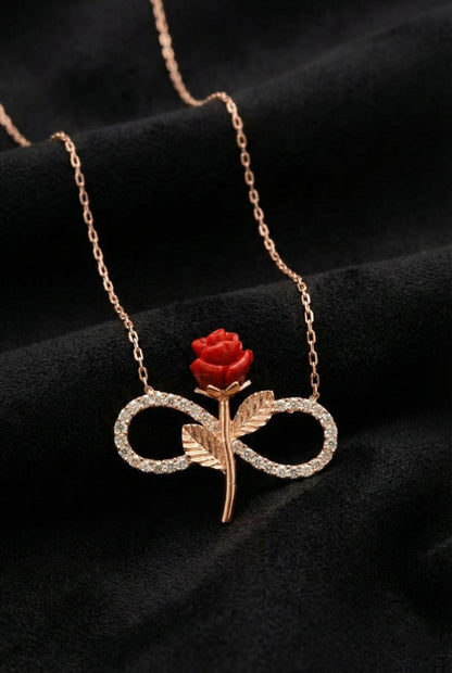 925 Ayar Zirkon Taşlı Rose Gül Motifli Sonsuzluk Gümüş Kolye