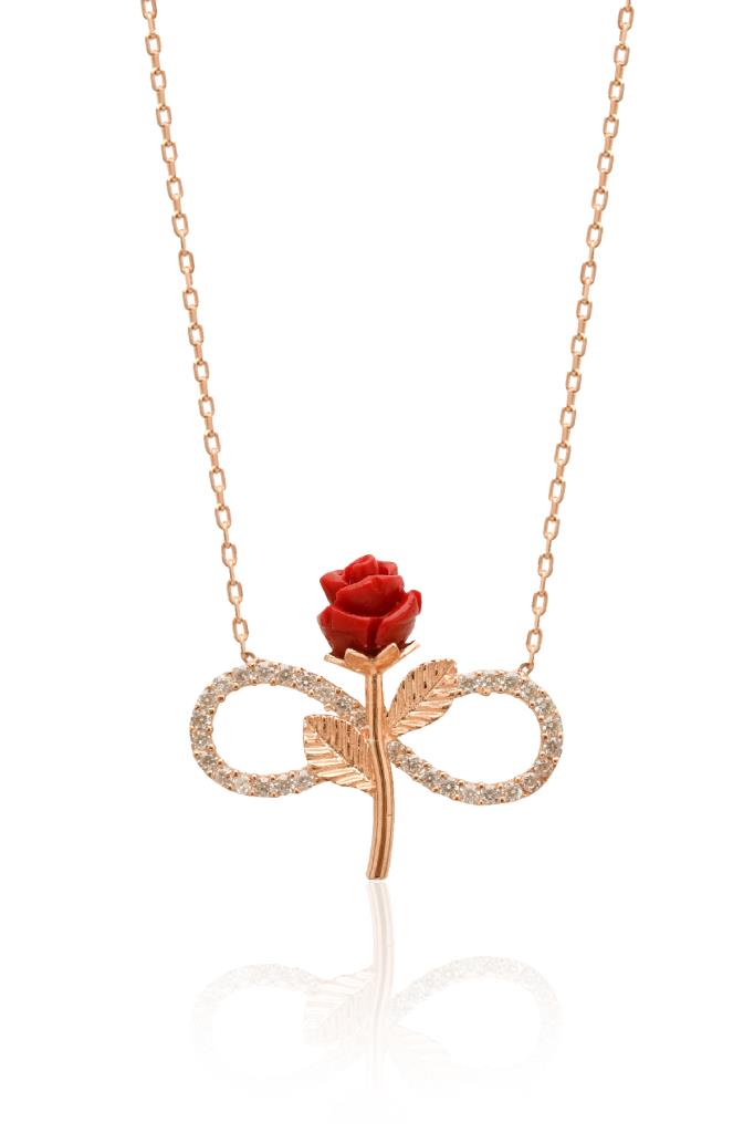 925 Ayar Zirkon Taşlı Rose Gül Motifli Sonsuzluk Gümüş Kolye
