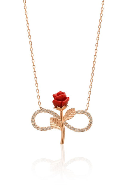 925 Ayar Zirkon Taşlı Rose Gül Motifli Sonsuzluk Gümüş Kolye