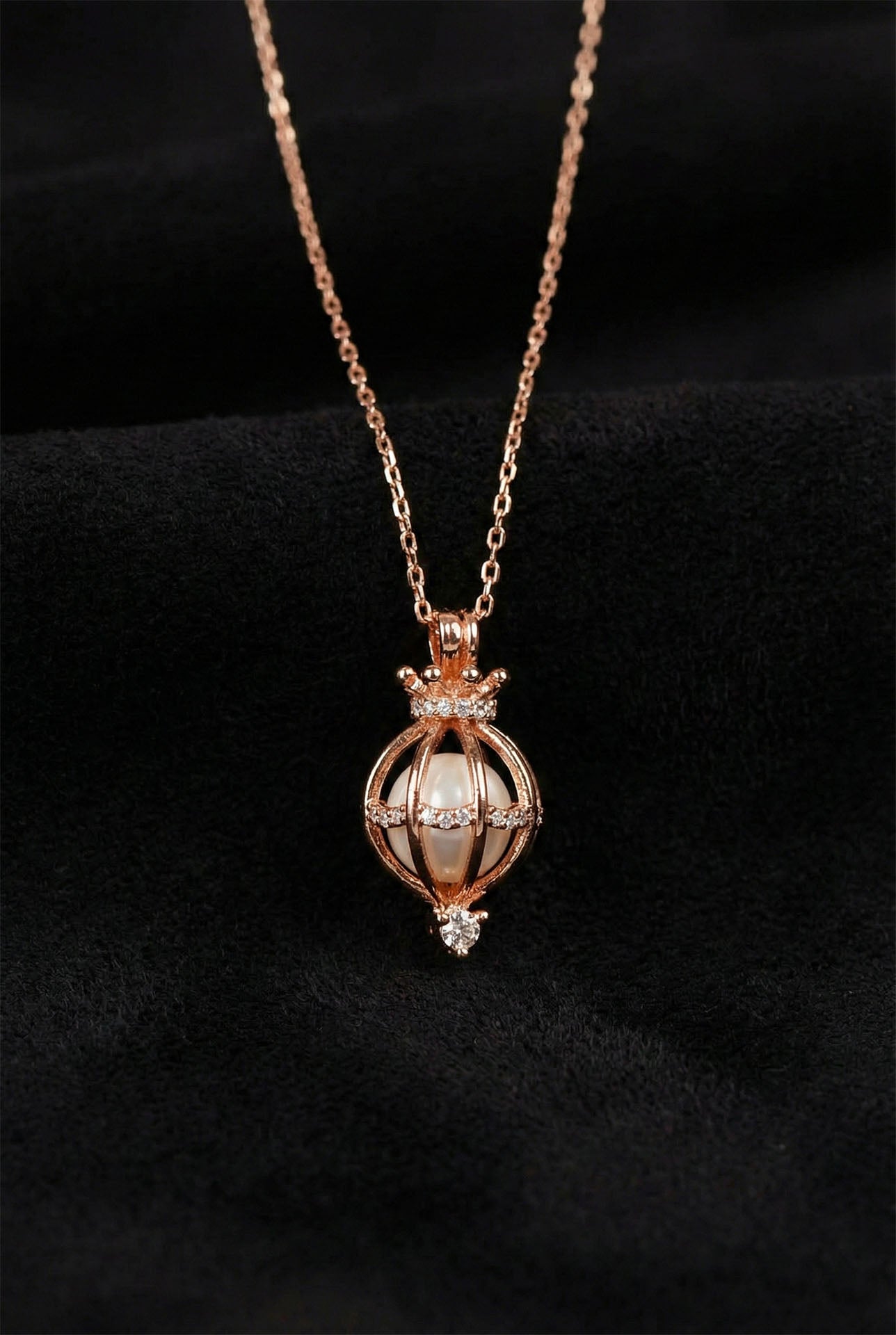925 Ayar Zirkon Taşlı Rose İncili Kafes Gümüş Kolye
