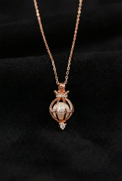 925 Ayar Zirkon Taşlı Rose İncili Kafes Gümüş Kolye