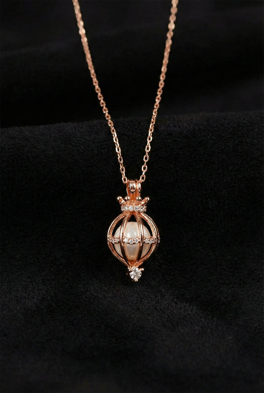 925 Ayar Zirkon Taşlı Rose İncili Kafes Gümüş Kolye