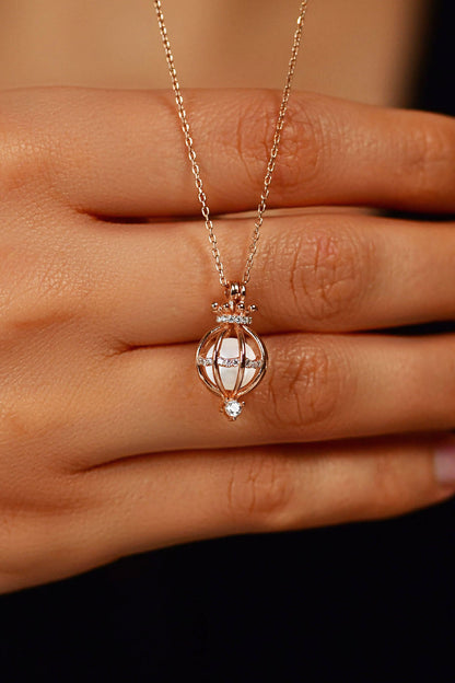 925 Ayar Zirkon Taşlı Rose İncili Kafes Gümüş Kolye