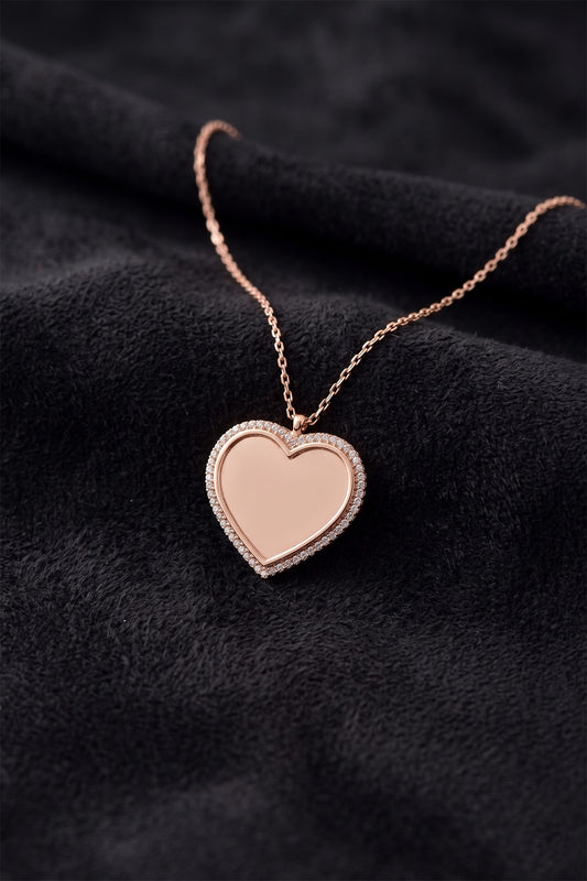 925 Ayar Zirkon Taşlı Rose Kalp İsimli Gümüş Kolye