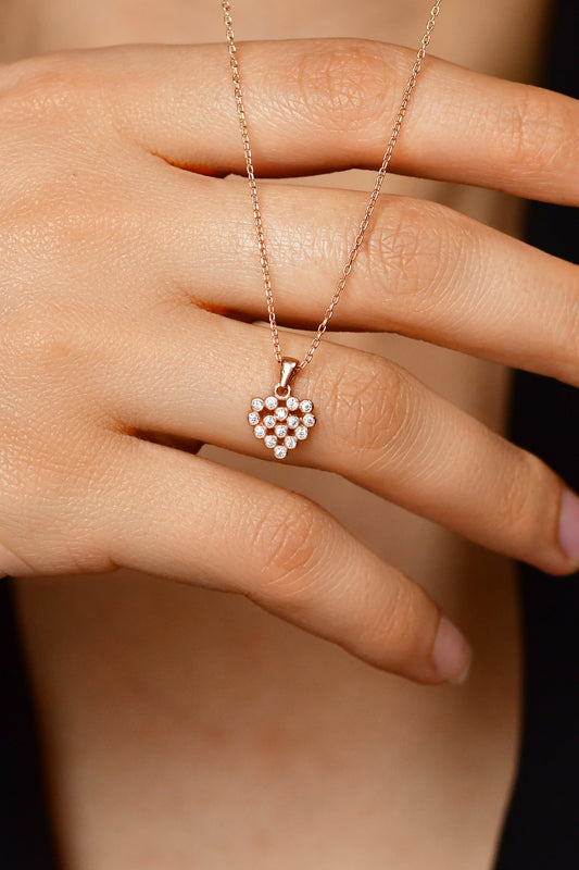925 Ayar Zirkon Taşlı Rose Kalp Model Minimal Gümüş Kolye