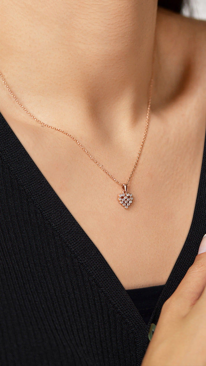 925 Ayar Zirkon Taşlı Rose Kalp Model Minimal Gümüş Kolye