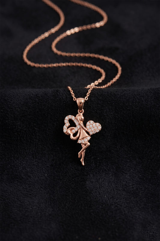 925 Ayar Zirkon Taşlı Rose Kalpli Aşk Perisi Gümüş Kolye