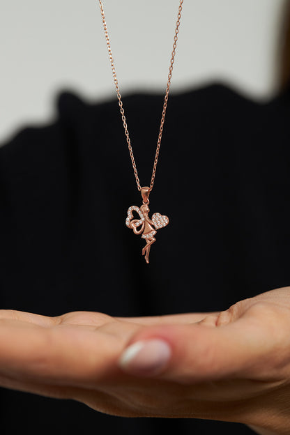 925 Ayar Zirkon Taşlı Rose Kalpli Aşk Perisi Gümüş Kolye
