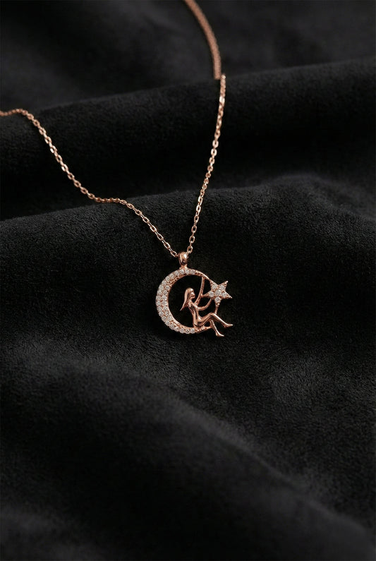 925 Ayar Zirkon Taşlı Rose Kız Figürlü Ay Yıldız Gümüş Kolye