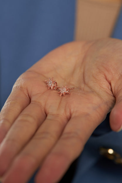 925 Ayar Zirkon Taşlı Rose Kutup Yıldızı Çivili Gümüş Küpe