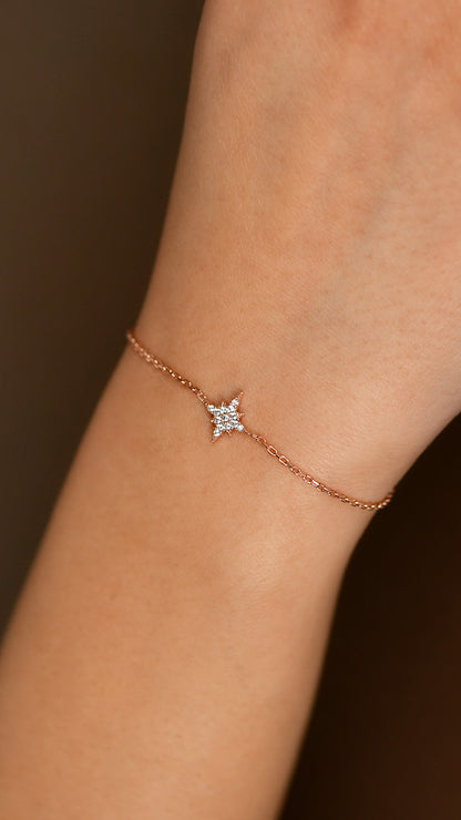 925 Ayar Zirkon Taşlı Rose Kutup Yıldızı Minimal  Gümüş Bileklik
