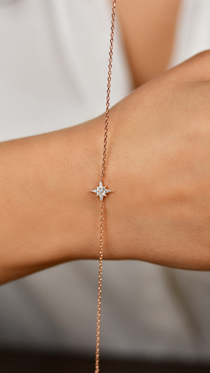 925 Ayar Zirkon Taşlı Rose Kutup Yıldızı Minimal  Gümüş Bileklik
