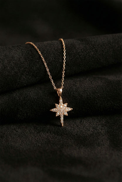 925 Ayar Zirkon Taşlı Rose Kuzey Yıldızı Minimal Gümüş Kolye