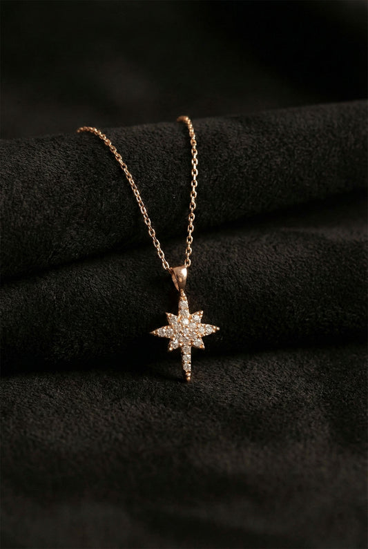 925 Ayar Zirkon Taşlı Rose Kuzey Yıldızı Minimal Gümüş Kolye