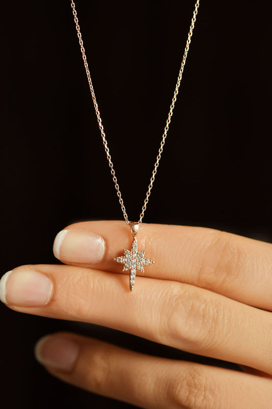 925 Ayar Zirkon Taşlı Rose Kuzey Yıldızı Minimal Gümüş Kolye