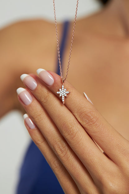 925 Ayar Zirkon Taşlı Rose Kuzey Yıldızı Minimal Gümüş Kolye
