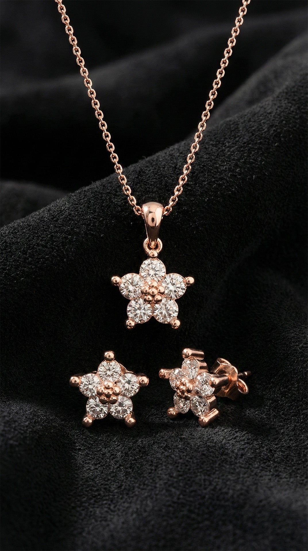 Zirkon Taşlı Rose Manolya Çiçeği Kolye Küpe 2'li Gümüş Set
