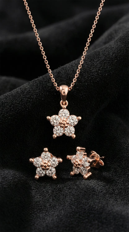 Zirkon Taşlı Rose Manolya Çiçeği Kolye Küpe 2'li Gümüş Set