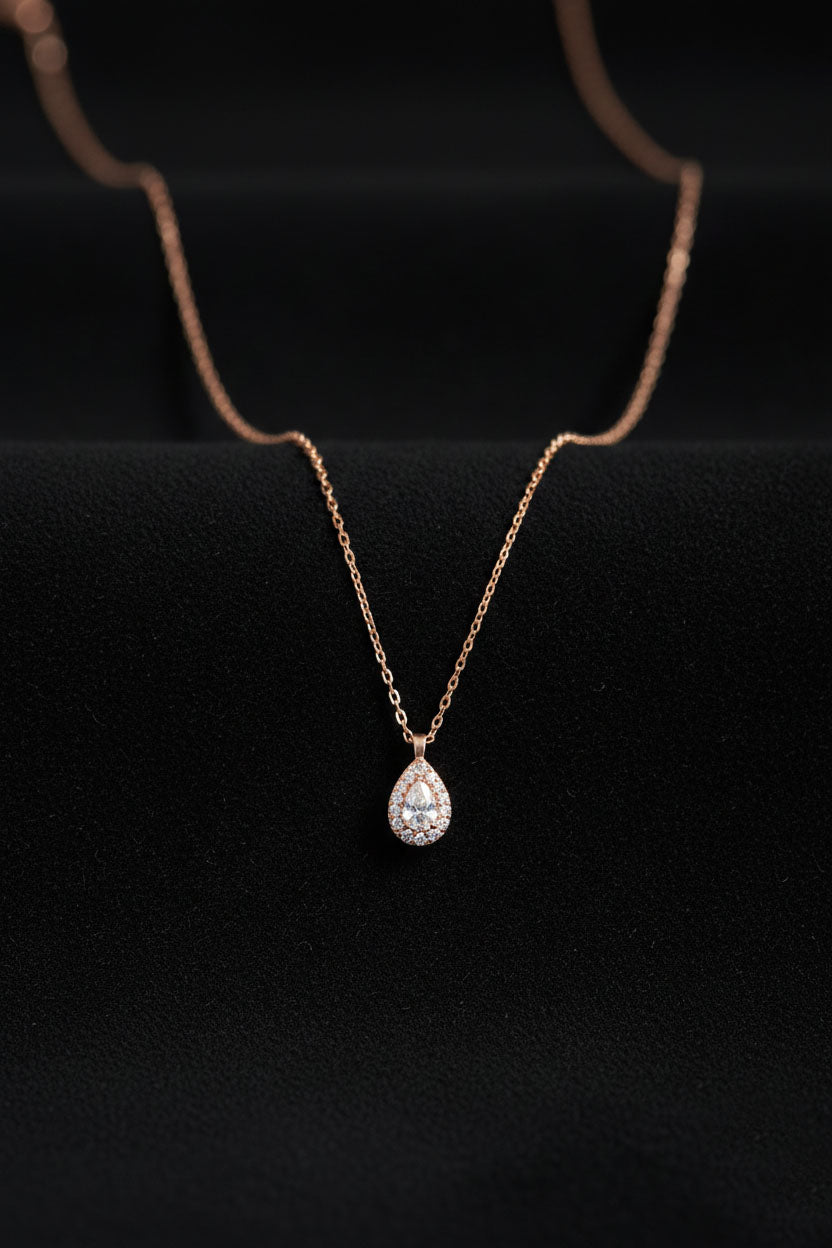 925 Ayar Zirkon Taşlı Rose Minimal Damla Anturaj Gümüş Kolye