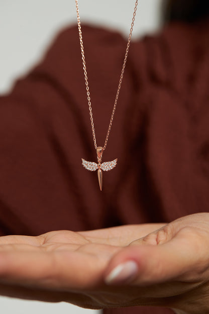 925 Ayar Zirkon Taşlı Rose Minimal Mikail Kılıcı Gümüş Kolye