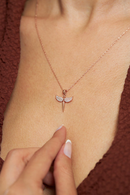925 Ayar Zirkon Taşlı Rose Minimal Mikail Kılıcı Gümüş Kolye