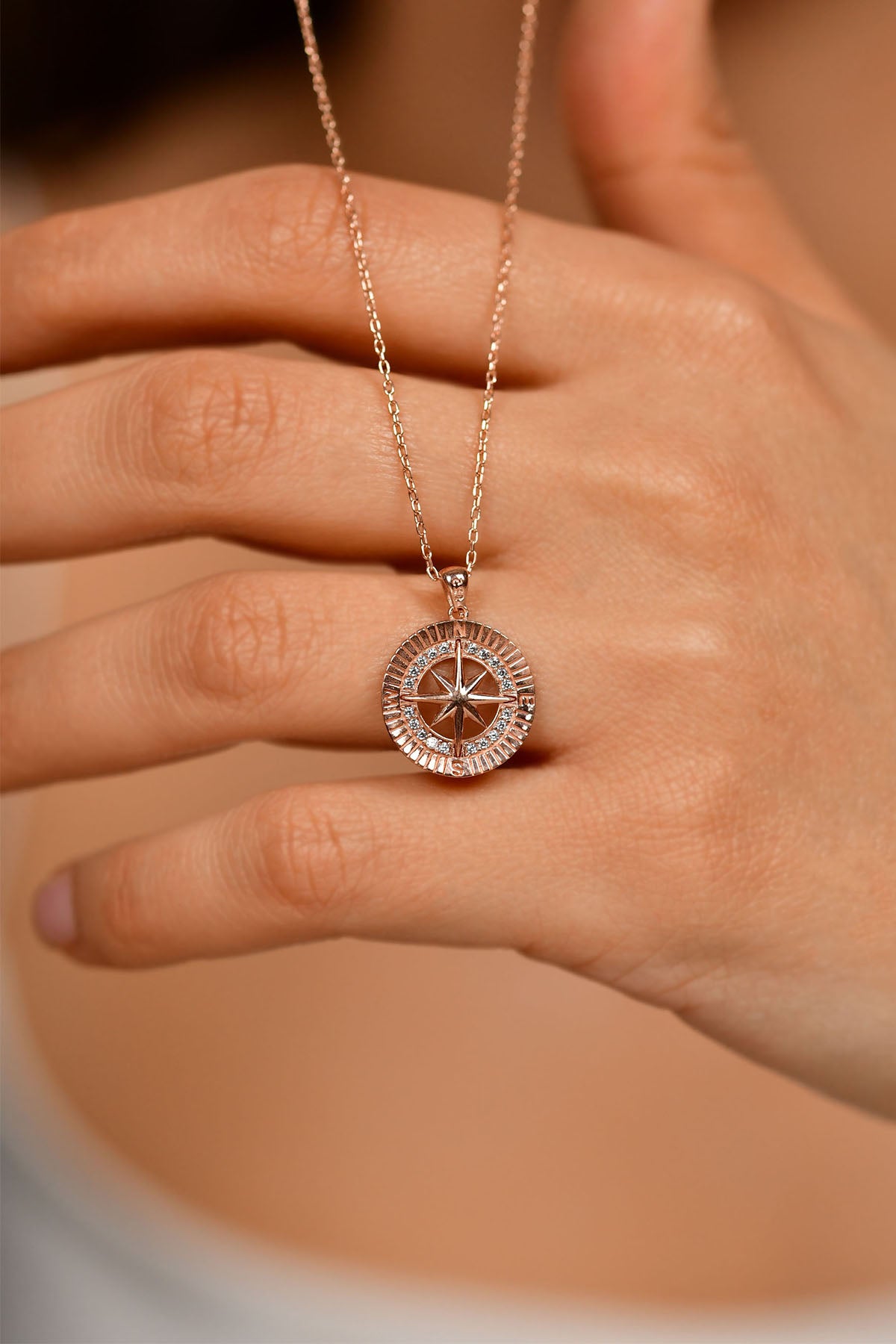 925 Ayar Zirkon Taşlı Rose Pusula Gümüş Kolye