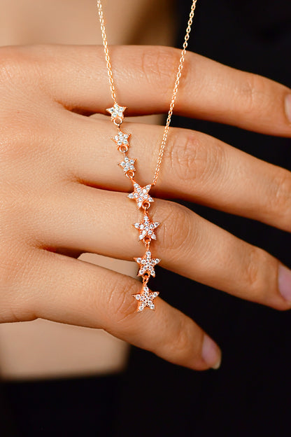 925 Ayar Zirkon Taşlı Rose Sıralı Yıldız Gümüş Kolye