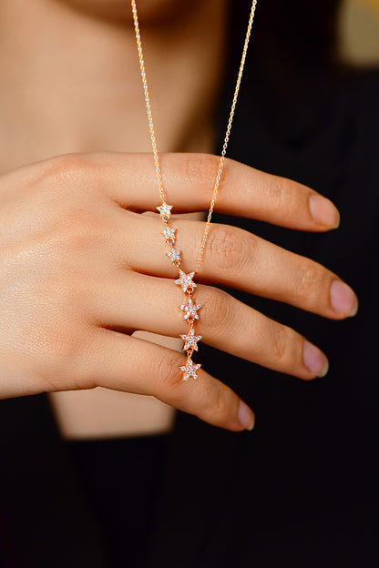 925 Ayar Zirkon Taşlı Rose Sıralı Yıldız Gümüş Kolye