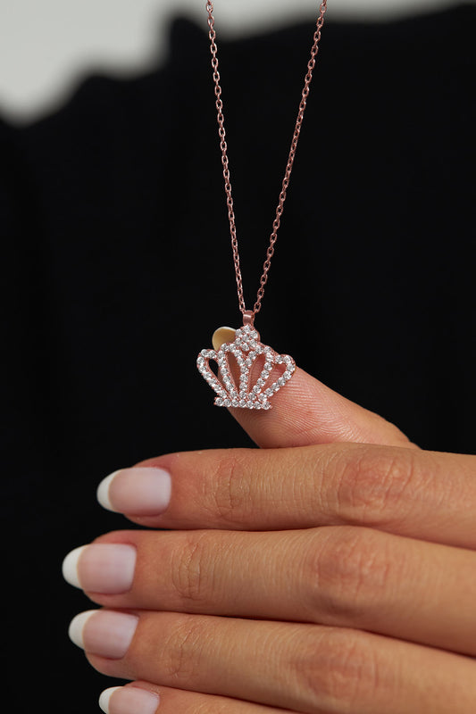 925 Ayar Zirkon Taşlı Rose Taç Model Gümüş Kolye