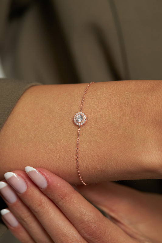 925 Ayar Zirkon Taşlı Rose Tektaş Anturaj Minimal Gümüş Bileklik