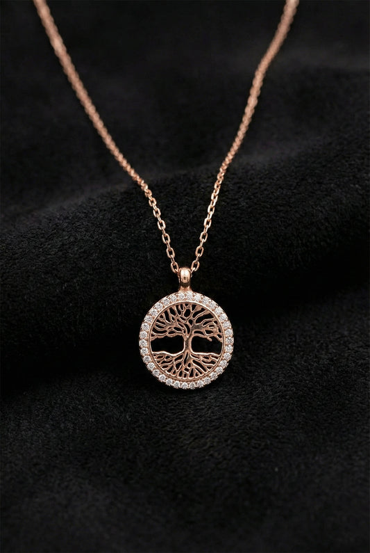 925 Ayar Zirkon Taşlı Rose Yaşam Ağacı Gümüş Kolye