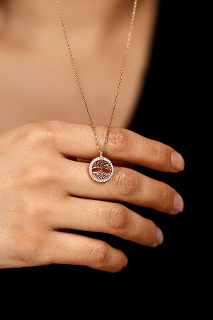 925 Ayar Zirkon Taşlı Rose Yaşam Ağacı Gümüş Kolye