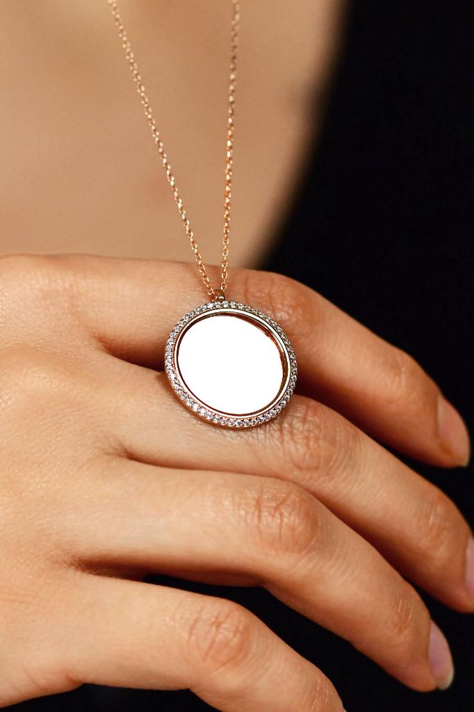 Zirkon Taşlı Rose Yuvarlak İsimli Gümüş Kolye