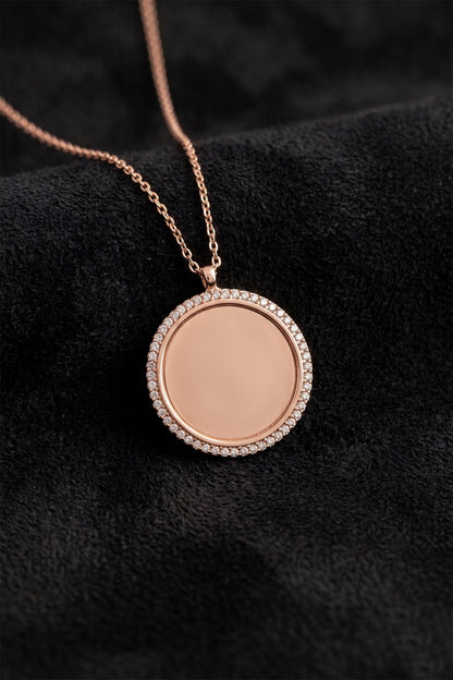 925 Ayar Zirkon Taşlı Rose Yuvarlak İsimli Gümüş Kolye