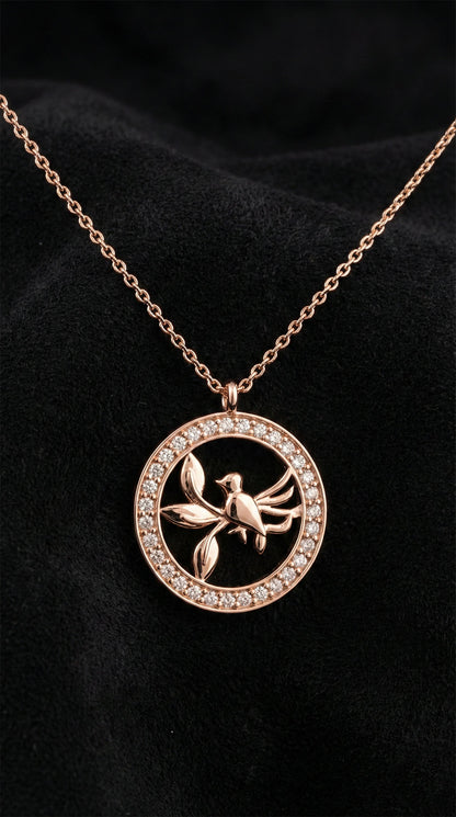 925 Ayar Zirkon Taşlı Rose Yuvarlak Kuş Yuvası Gümüş Kolye