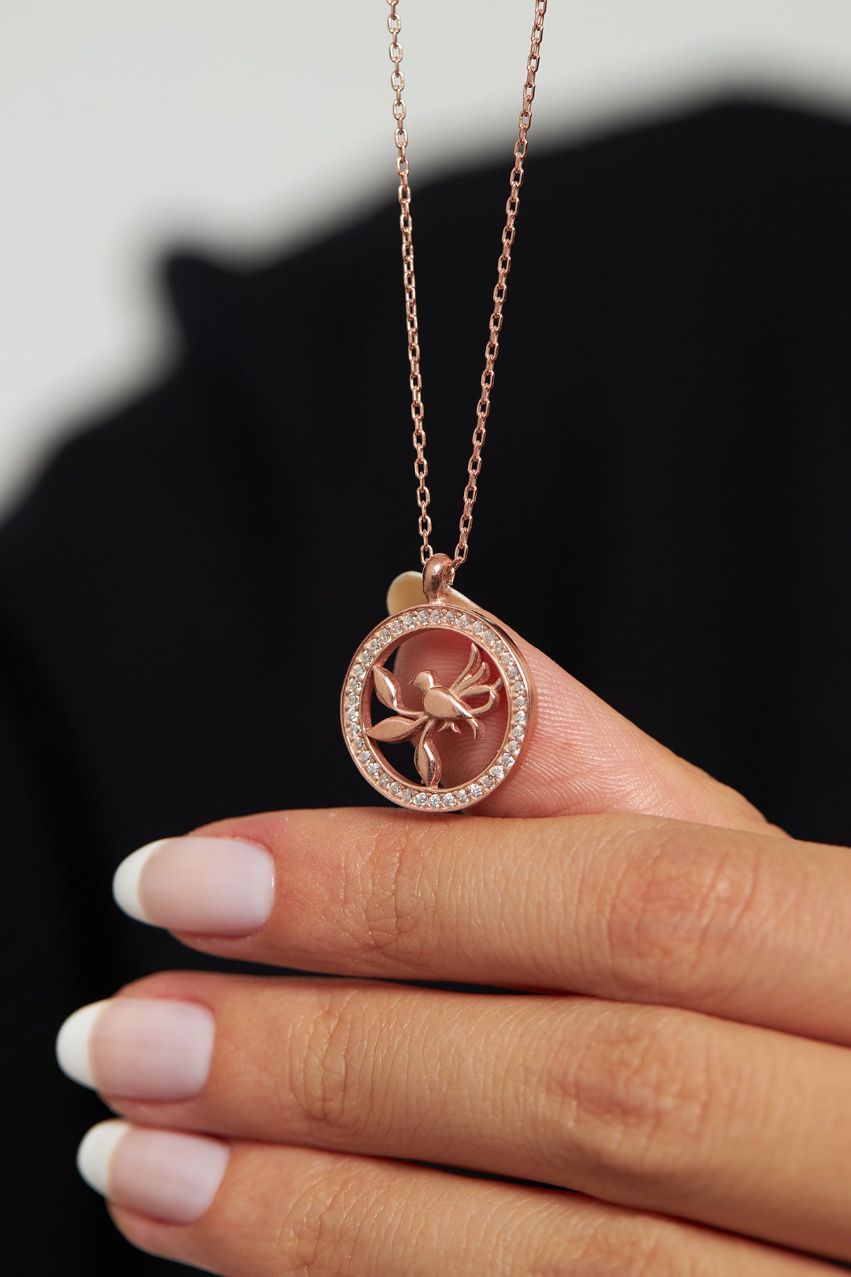 925 Ayar Zirkon Taşlı Rose Yuvarlak Kuş Yuvası Gümüş Kolye
