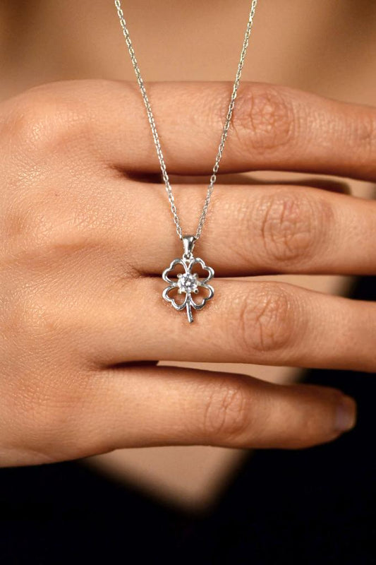 Zirkon Tektaş Rodyum Yonca Gümüş Kolye