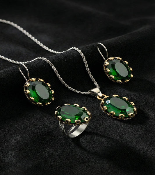 Zümrüt Taşlı Otantik Gümüş Kadın Set