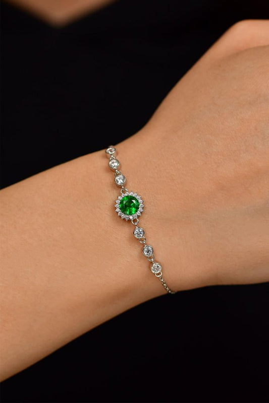 Zümrüt Taşlı Rodyum Yuvarlak Anturaj Gümüş Bileklik