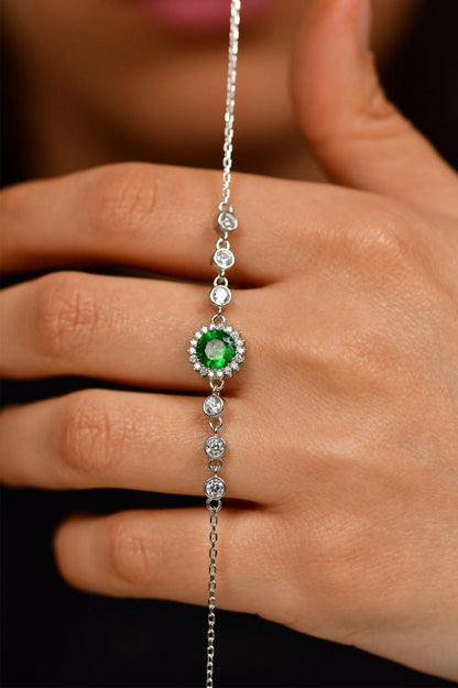 Zümrüt Taşlı Rodyum Yuvarlak Anturaj Gümüş Bileklik