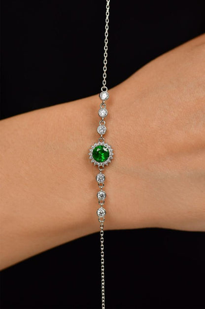 Zümrüt Taşlı Rodyum Yuvarlak Anturaj Gümüş Bileklik