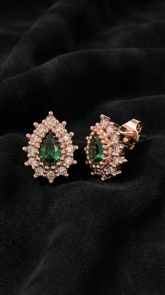 Zümrüt Taşlı Rose Damla Anturaj Minimal Çivili Gümüş Küpe