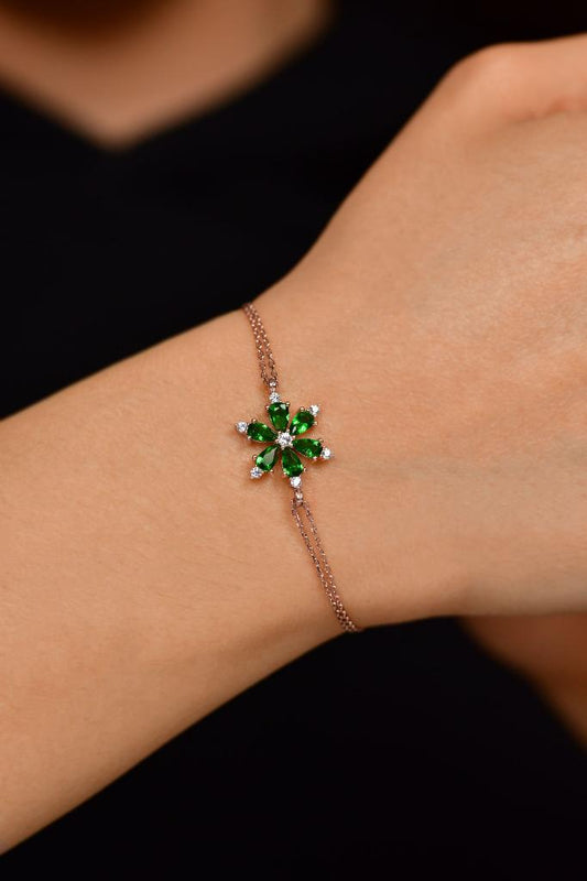 Zümrüt Taşlı Rose Lotus Çiçeği Gümüş Bileklik