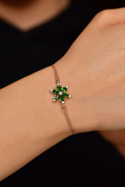 925 Ayar Zümrüt Taşlı Rose Lotus Çiçeği Gümüş Bileklik